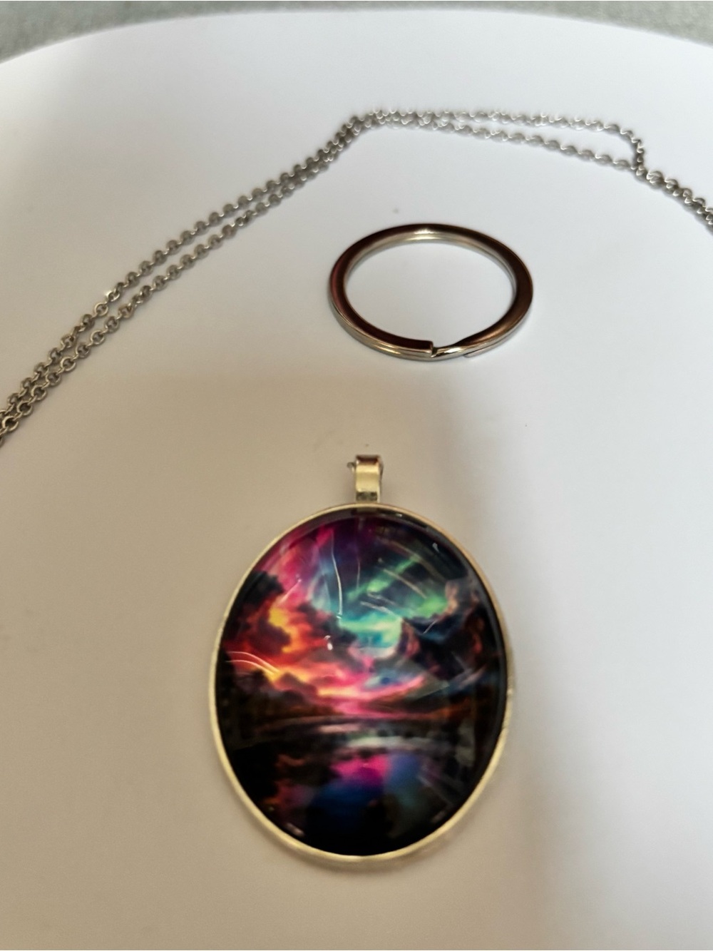 Silver-Tone Multicolor  Sunset Galaxy Oval Pendant, 19”Necklace  & Keychain Set